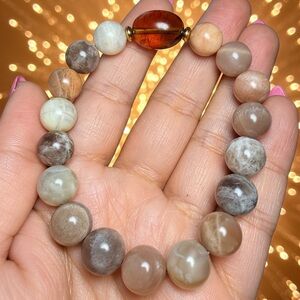 Moonstone Bracelet 10mm with Genuine Amber Accent Gemstone Bracelet